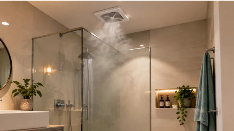 Banheiro moderno com exaustor no teto para remoção de vapor